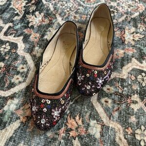 Black Sequin Floral Embroidered Flats Special Occasion Glitter Boho Maximalist
